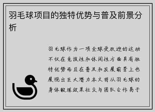 羽毛球项目的独特优势与普及前景分析