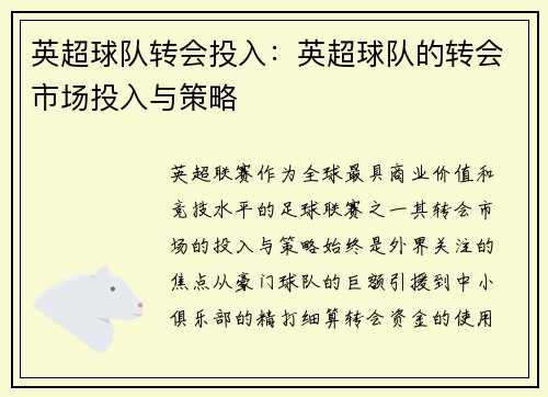 英超球队转会投入：英超球队的转会市场投入与策略